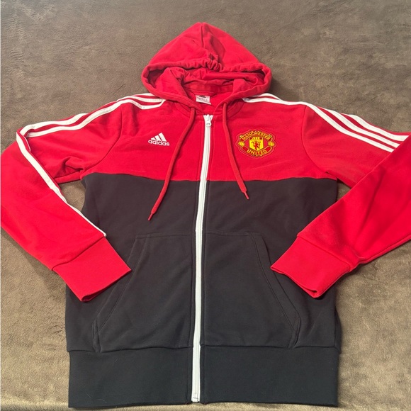 Manchester United X Adidas Hoodie Mens S Fleece 3 Stripe Zip Up Sweatshirt - Picture 1 of 8